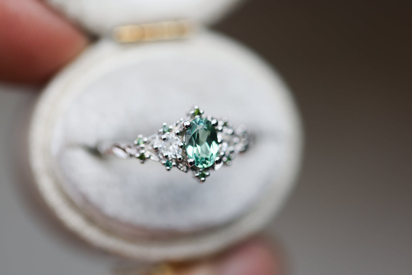 [Oramore Jewelry]Briar rose three stone with oval lab green sapphire and green diamond accents