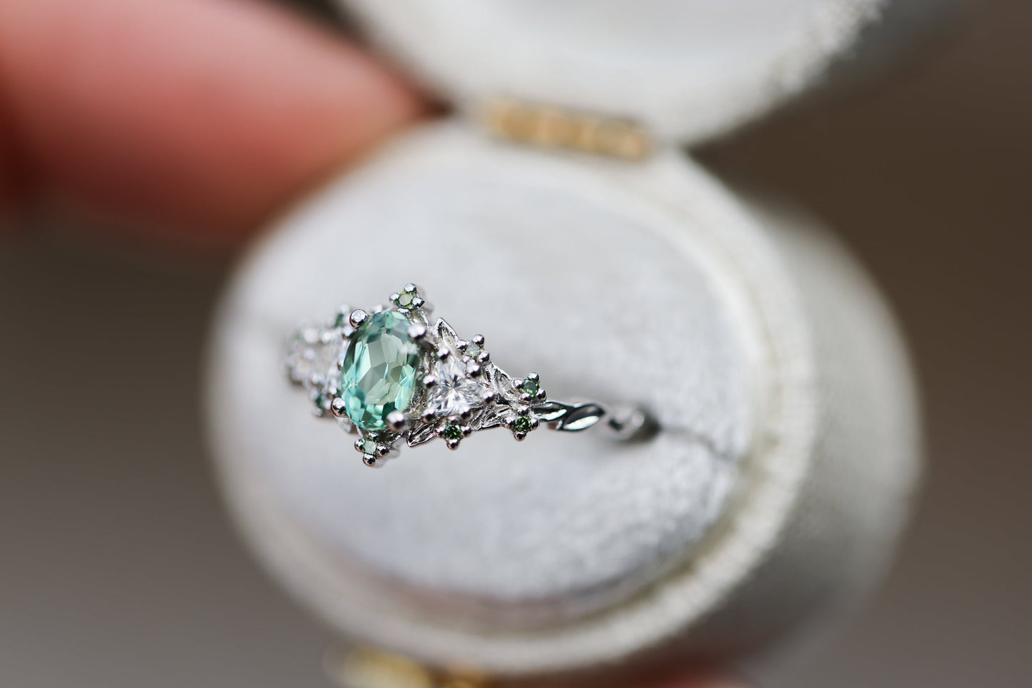 [Oramore Jewelry]Briar rose three stone with oval lab green sapphire and green diamond accents