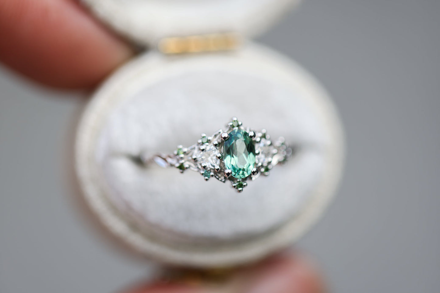 [Oramore Jewelry]Briar rose three stone with oval lab green sapphire and green diamond accents