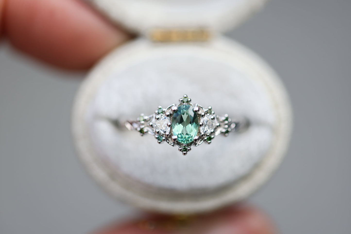 [Oramore Jewelry]Briar rose three stone with oval lab green sapphire and green diamond accents