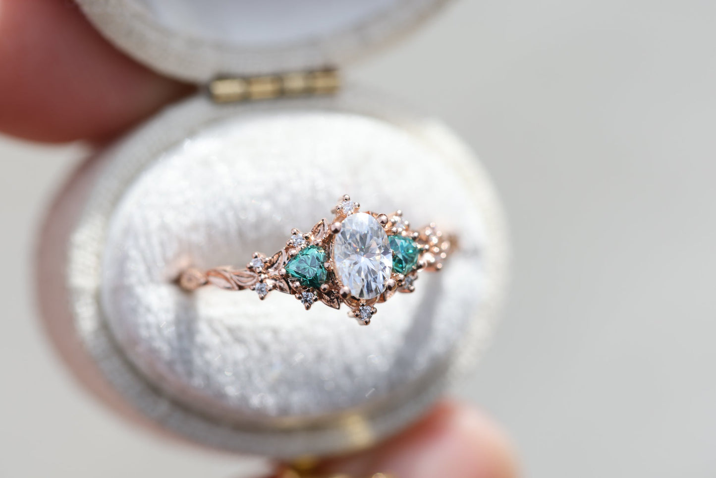 [Oramore Jewelry]Briar rose three stone with oval moissanite and teal moissanite side stones