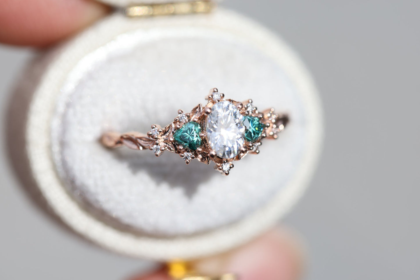 [Oramore Jewelry]Briar rose three stone with oval moissanite and teal moissanite side stones