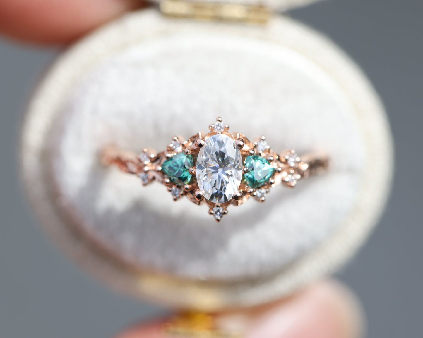 [Oramore Jewelry]Briar rose three stone with oval moissanite and teal moissanite side stones