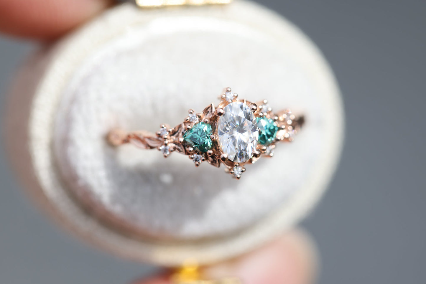 [Oramore Jewelry]Briar rose three stone with oval moissanite and teal moissanite side stones
