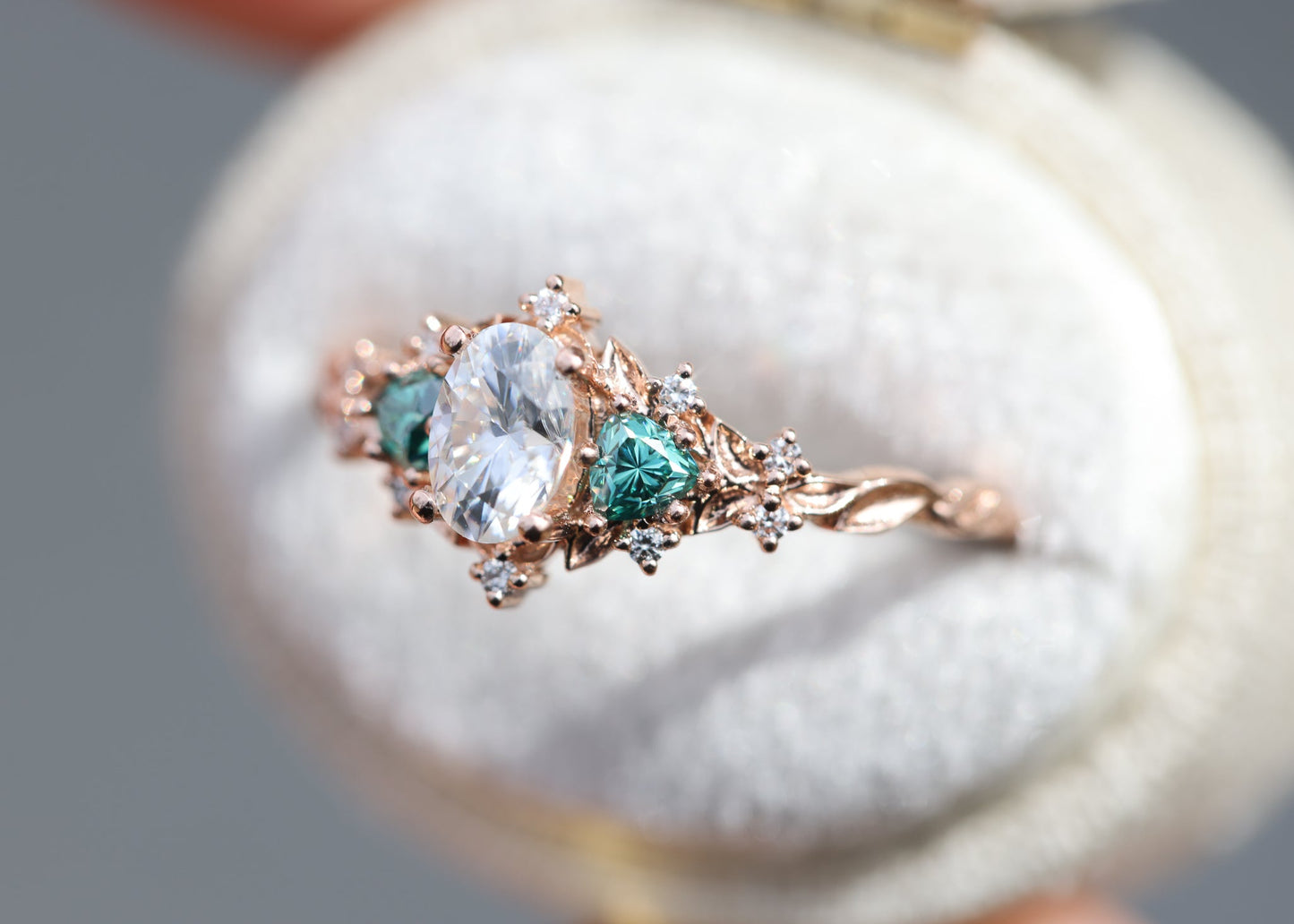 [Oramore Jewelry]Briar rose three stone with oval moissanite and teal moissanite side stones