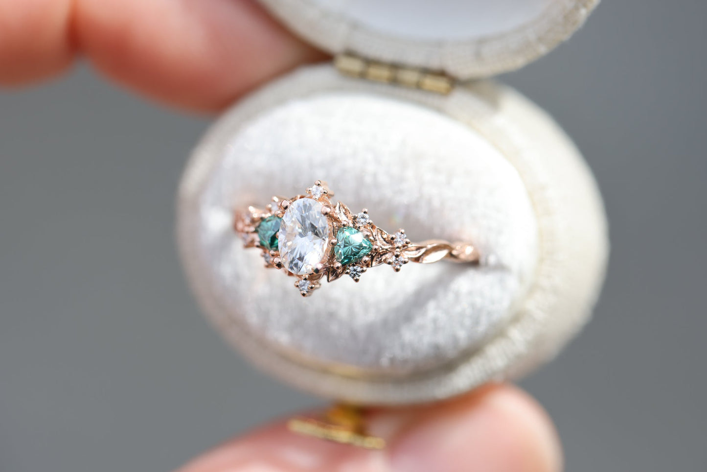 [Oramore Jewelry]Briar rose three stone with oval moissanite and teal moissanite side stones