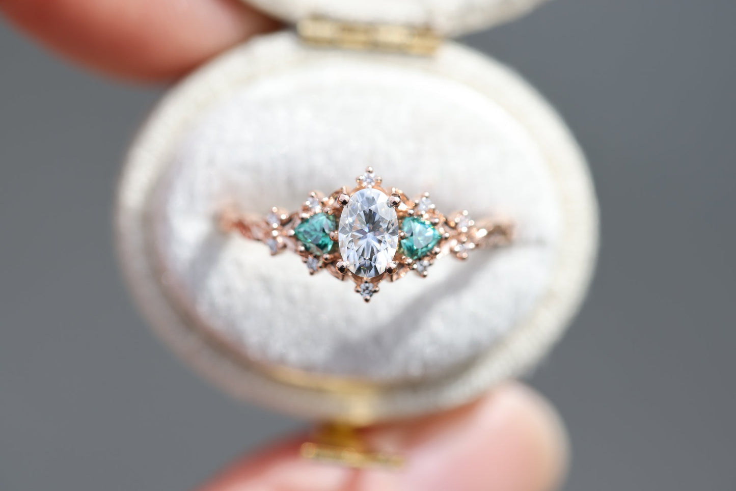 [Oramore Jewelry]Briar rose three stone with oval moissanite and teal moissanite side stones