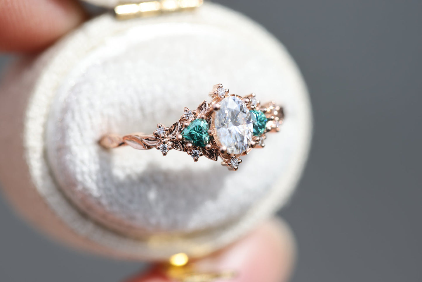 [Oramore Jewelry]Briar rose three stone with oval moissanite and teal moissanite side stones