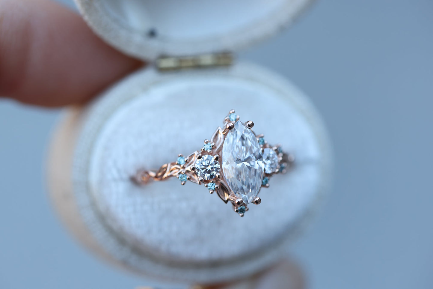 [Oramore Jewelry]Briar rose three stone with marquise 10x5mm moissanite and aqua diamonds