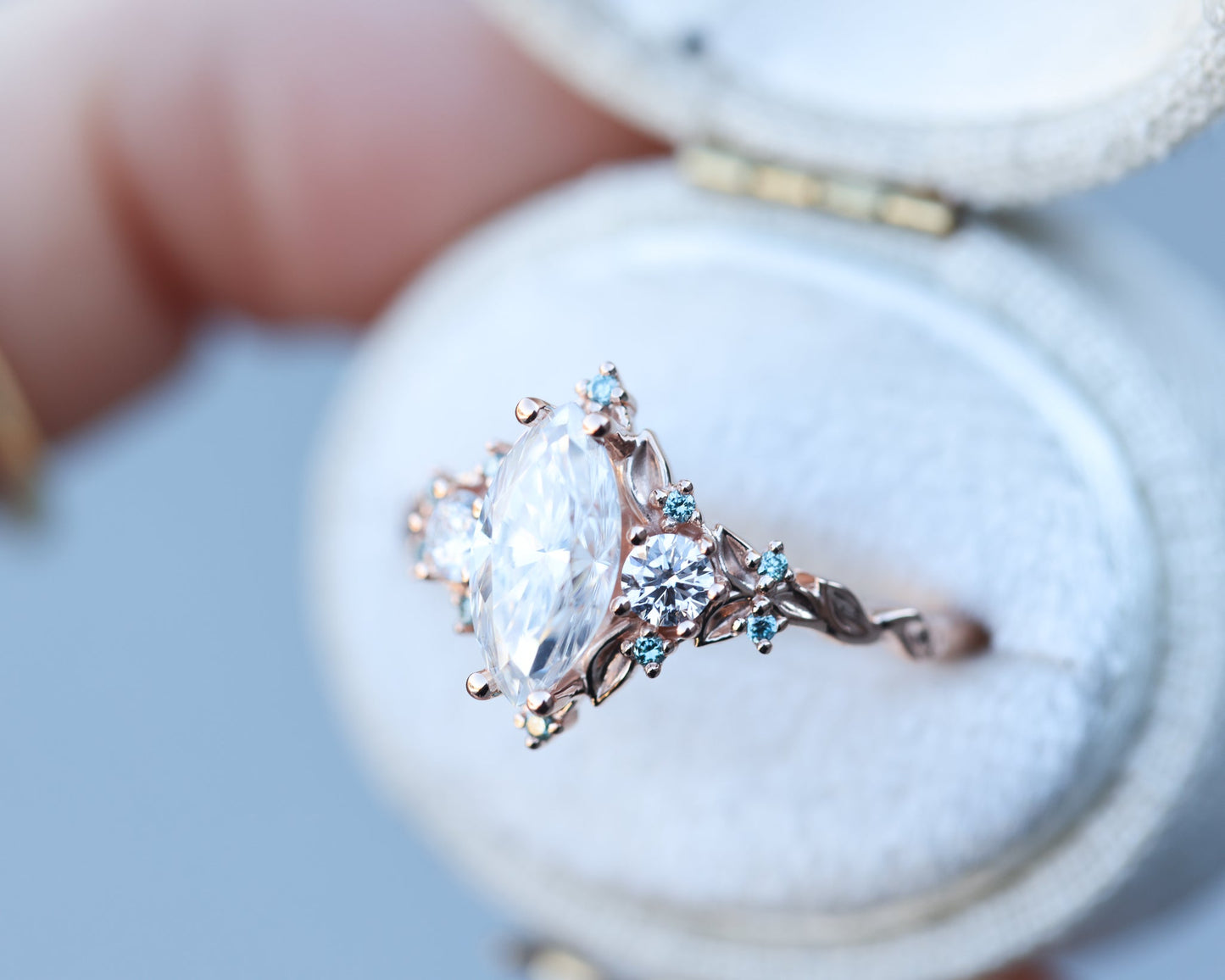 [Oramore Jewelry]Briar rose three stone with marquise 10x5mm moissanite and aqua diamonds