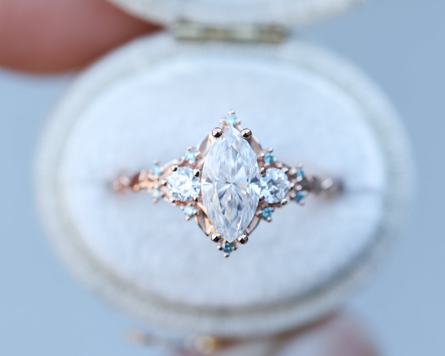 [Oramore Jewelry]Briar rose three stone with marquise 10x5mm moissanite and aqua diamonds
