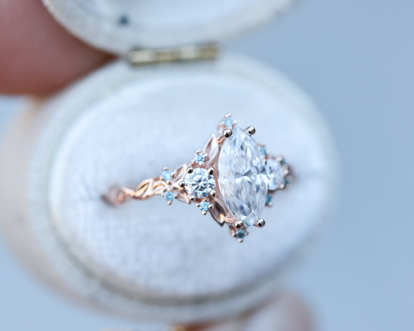 [Oramore Jewelry]Briar rose three stone with marquise 10x5mm moissanite and aqua diamonds
