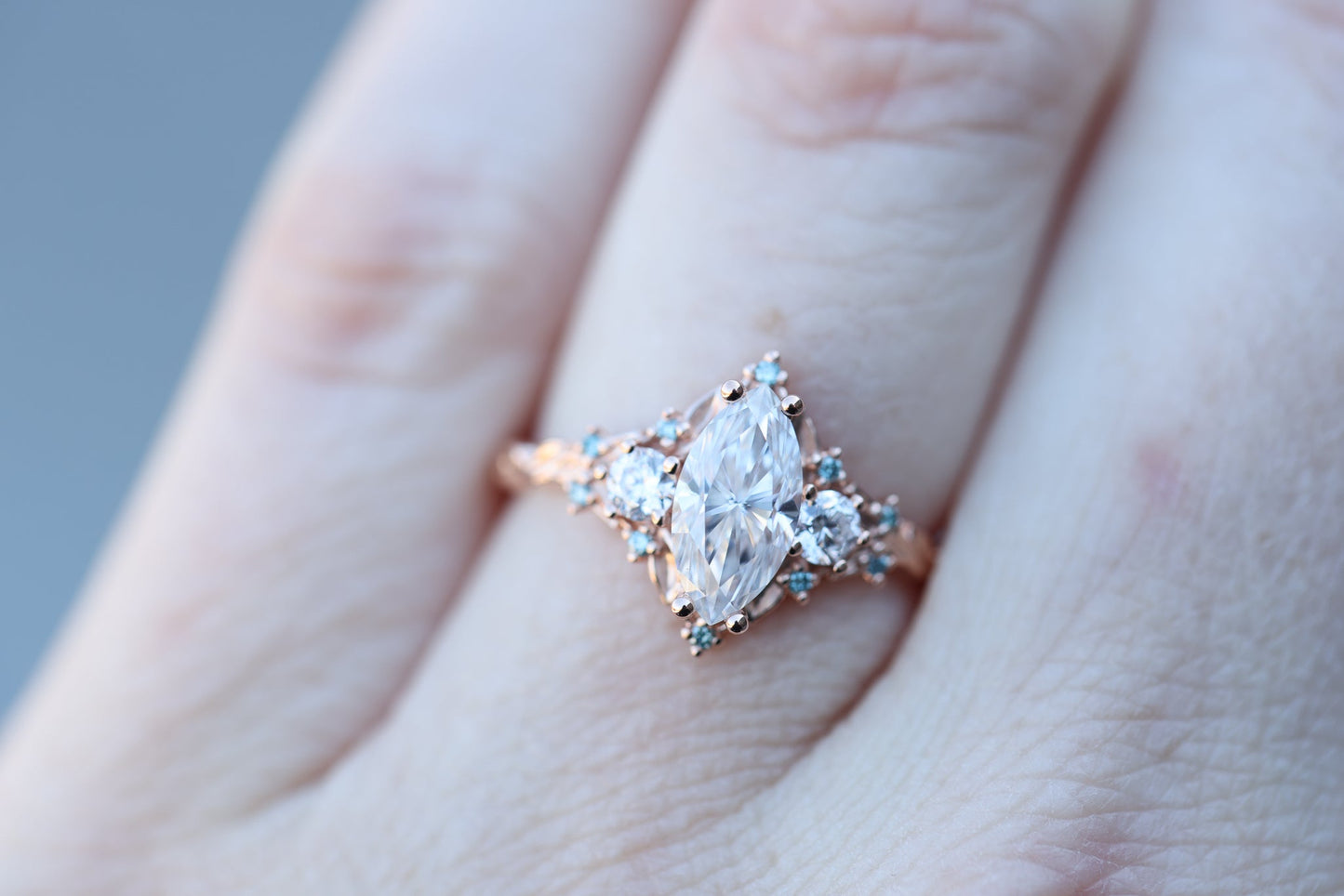 [Oramore Jewelry]Briar rose three stone with marquise 10x5mm moissanite and aqua diamonds