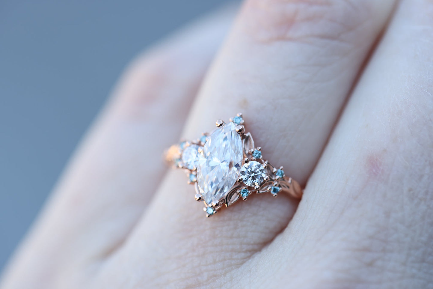 [Oramore Jewelry]Briar rose three stone with marquise 10x5mm moissanite and aqua diamonds