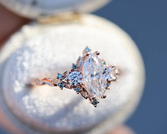 [Oramore Jewelry]Briar rose three stone with marquise 10x5mm moissanite and aqua diamonds