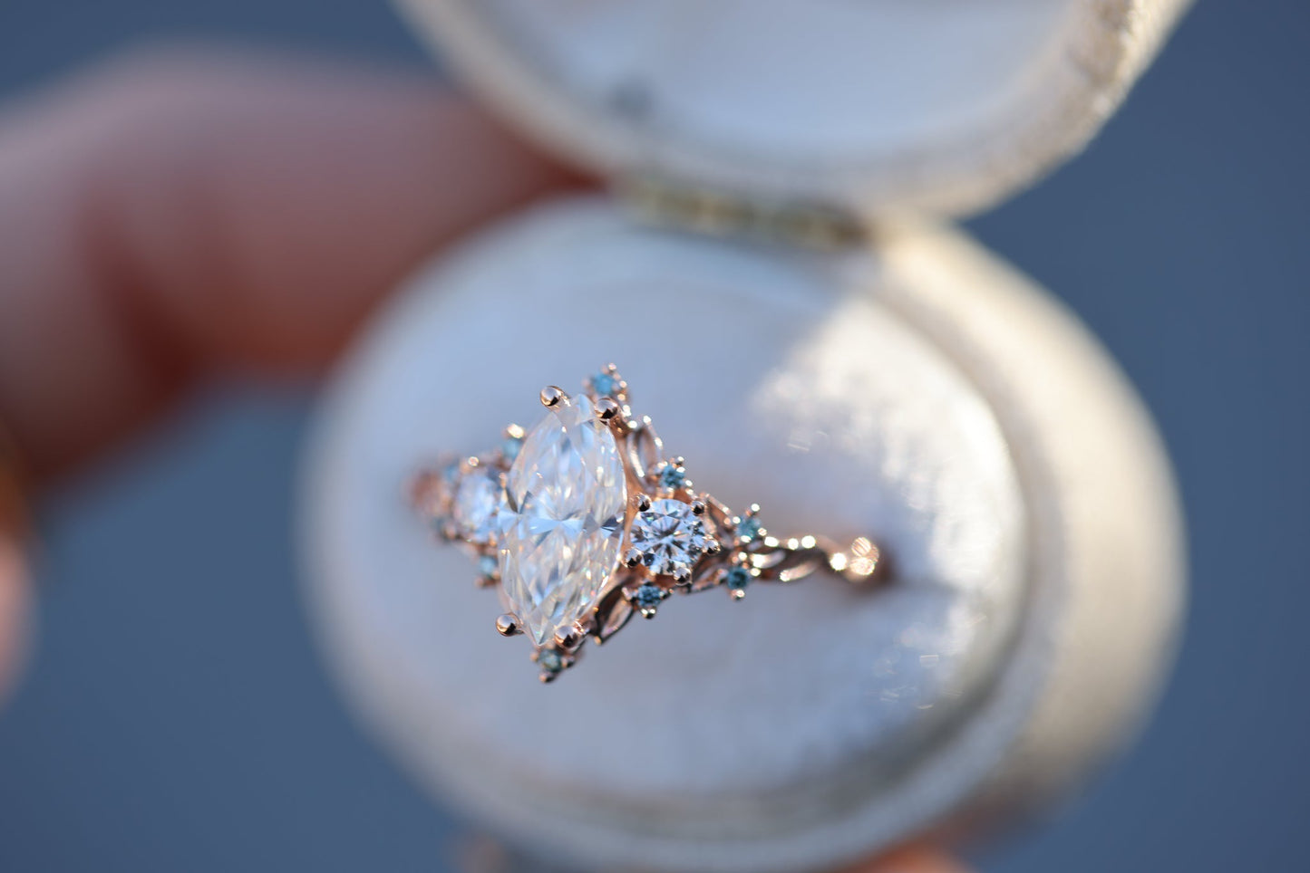 [Oramore Jewelry]Briar rose three stone with marquise 10x5mm moissanite and aqua diamonds