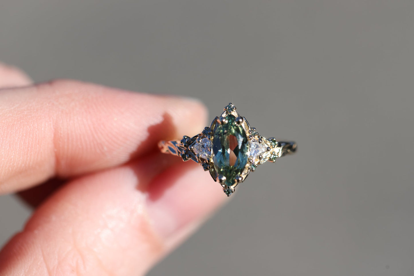 [Oramore Jewelry]Briar Rose Three Stone with 10x5mm marquise lab green sapphire, mint diamond accents moissanite