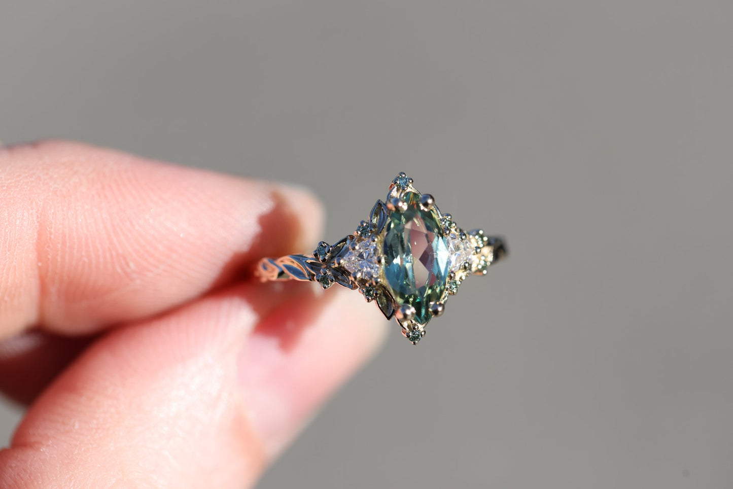 [Oramore Jewelry]Briar Rose Three Stone with 10x5mm marquise lab green sapphire, mint diamond accents moissanite