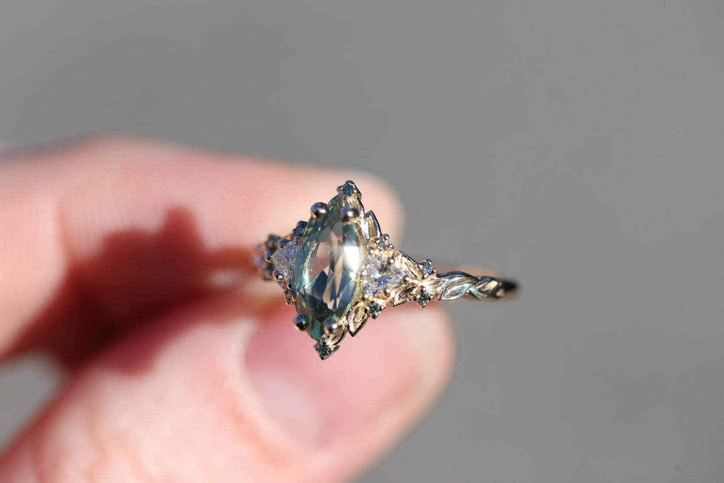 [Oramore Jewelry]Briar Rose Three Stone with 10x5mm marquise lab green sapphire, mint diamond accents moissanite