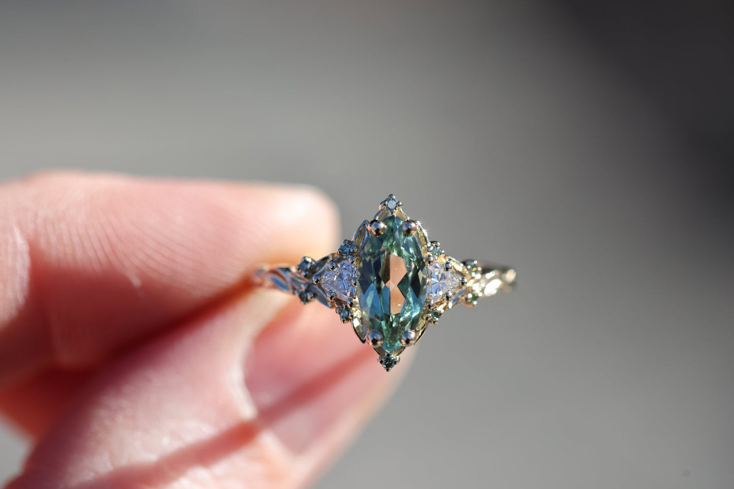 [Oramore Jewelry]Briar Rose Three Stone with 10x5mm marquise lab green sapphire, mint diamond accents moissanite