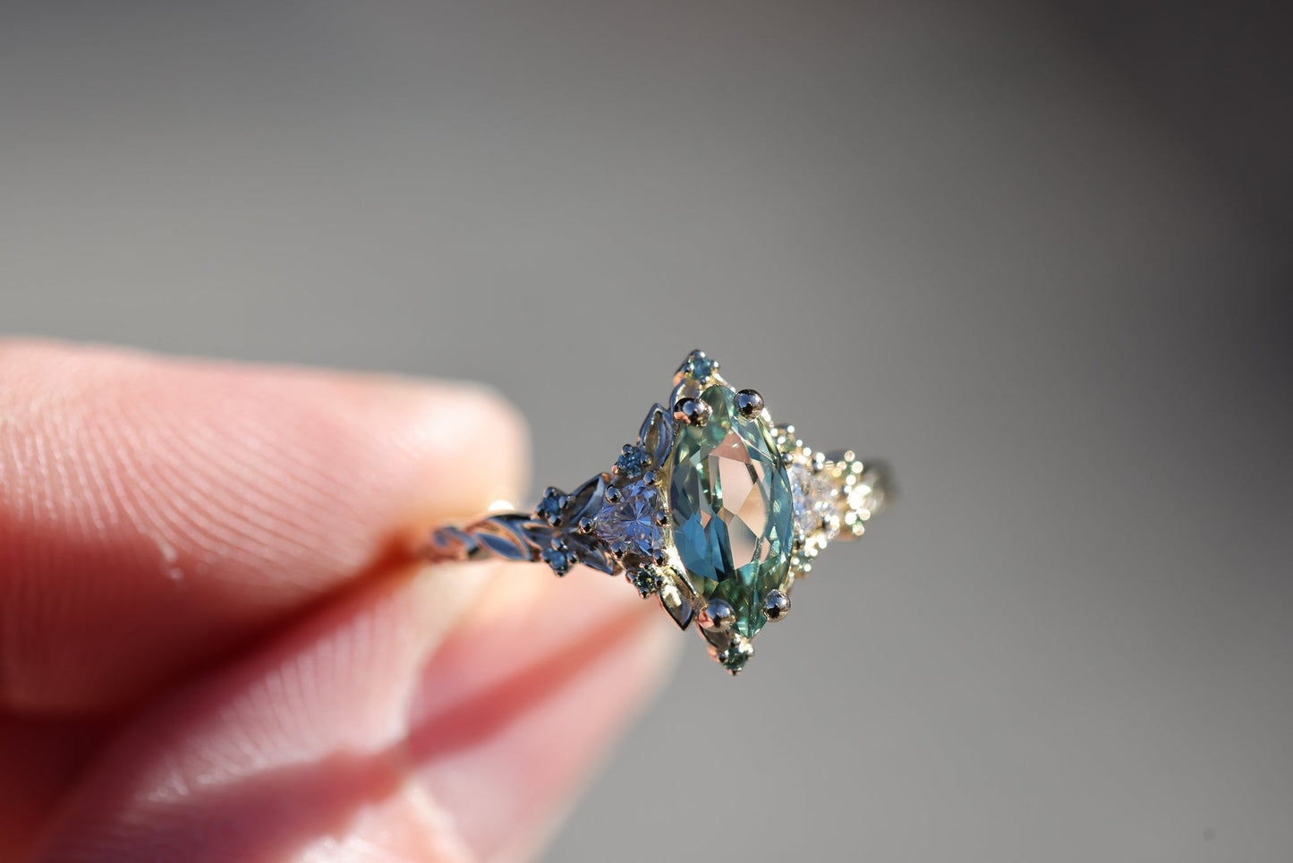 [Oramore Jewelry]Briar Rose Three Stone with 10x5mm marquise lab green sapphire, mint diamond accents moissanite