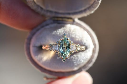 [Oramore Jewelry]Briar Rose Three Stone with 10x5mm marquise lab green sapphire, mint diamond accents moissanite