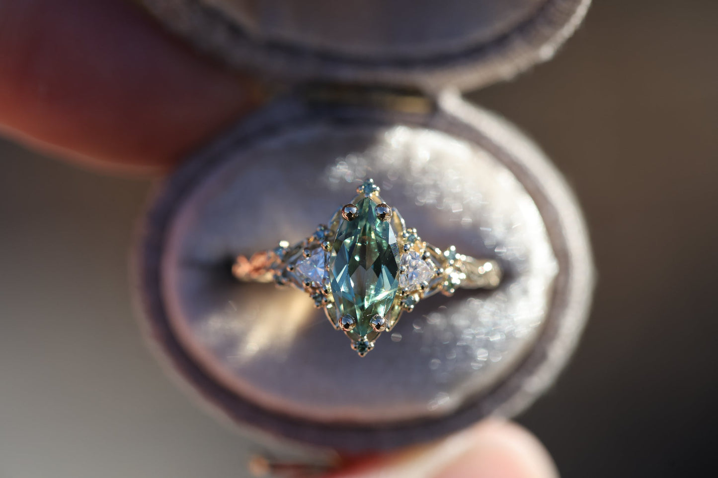 [Oramore Jewelry]Briar Rose Three Stone with 10x5mm marquise lab green sapphire, mint diamond accents moissanite