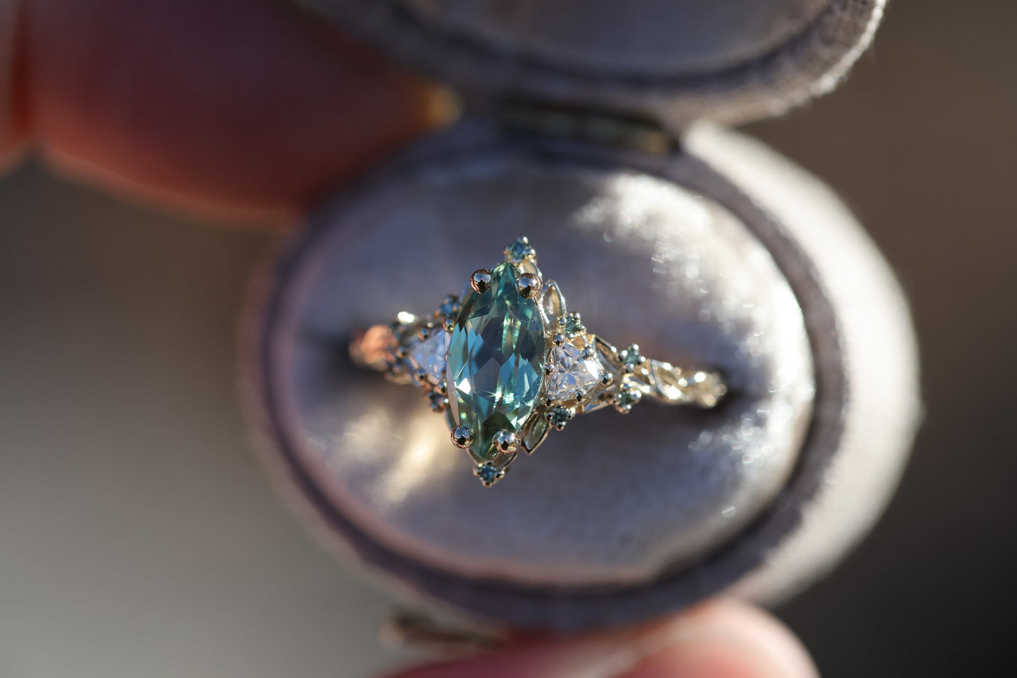 [Oramore Jewelry]Briar Rose Three Stone with 10x5mm marquise lab green sapphire, mint diamond accents moissanite