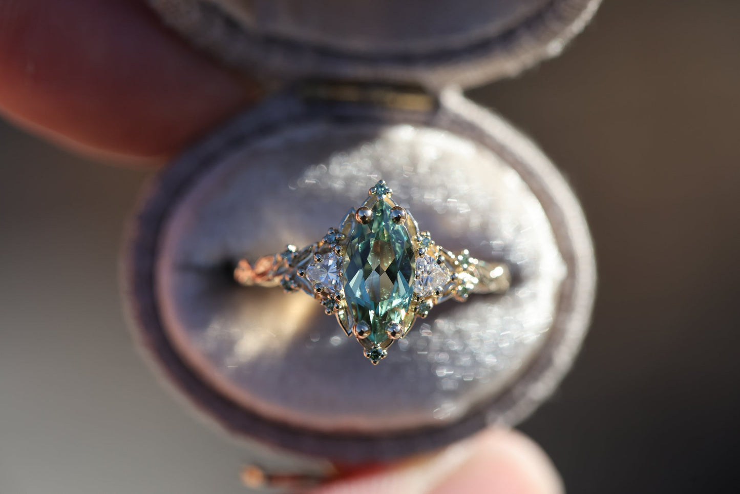 [Oramore Jewelry]Briar Rose Three Stone with 10x5mm marquise lab green sapphire, mint diamond accents moissanite