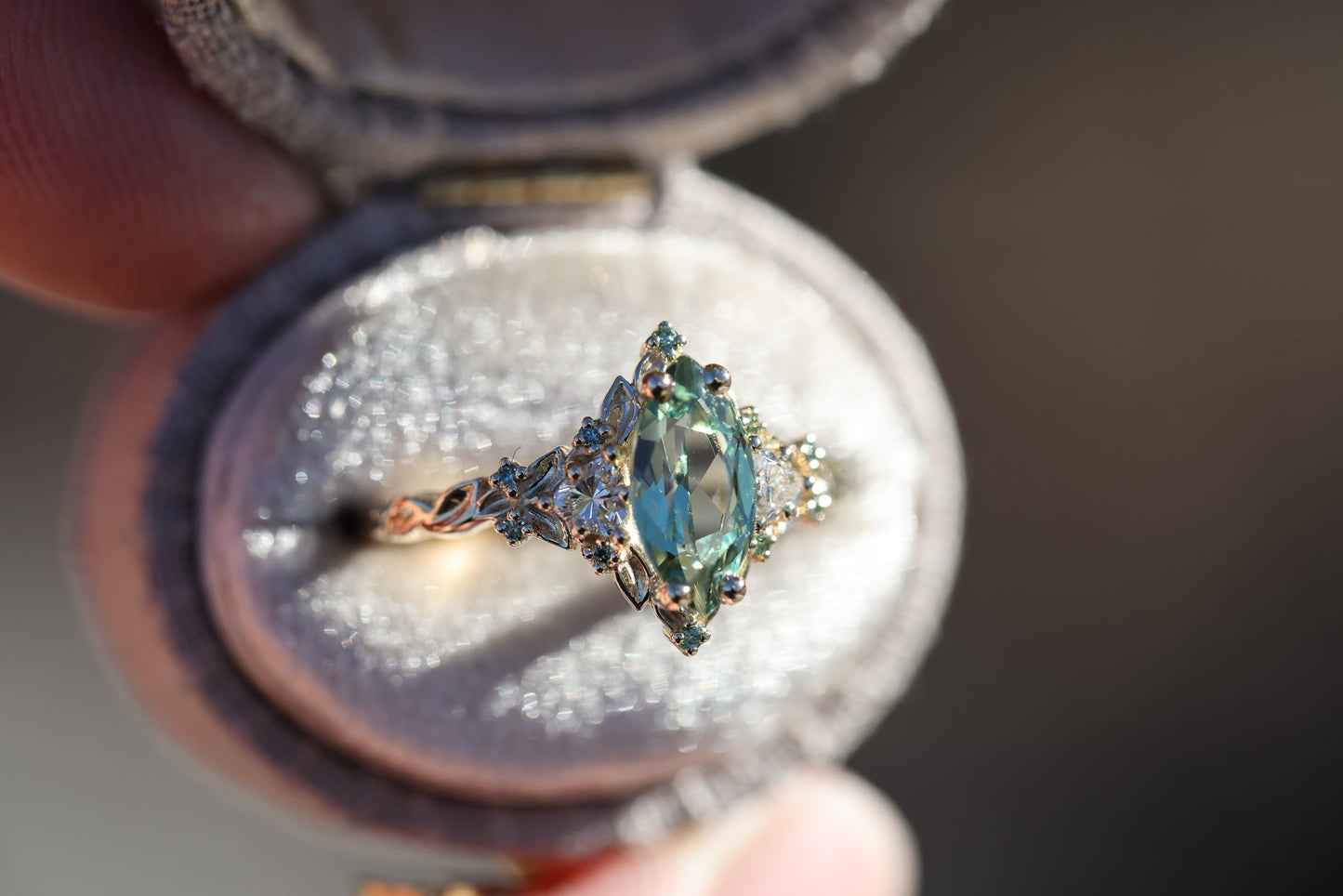 [Oramore Jewelry]Briar Rose Three Stone with 10x5mm marquise lab green sapphire, mint diamond accents moissanite