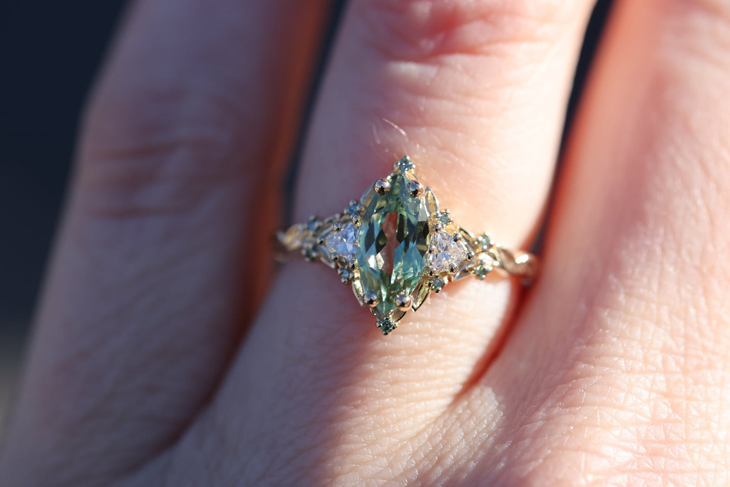 [Oramore Jewelry]Briar Rose Three Stone with 10x5mm marquise lab green sapphire, mint diamond accents moissanite