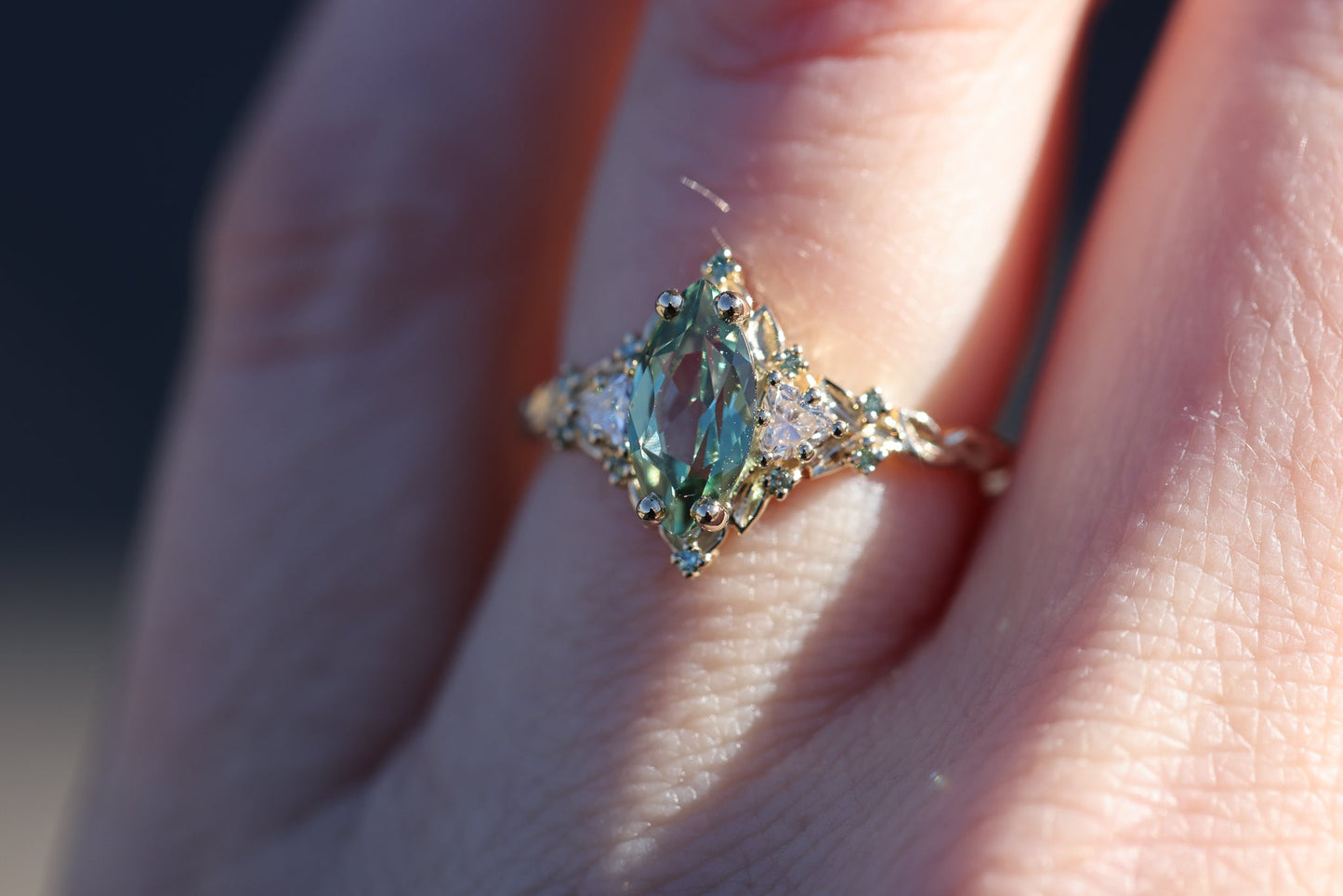 [Oramore Jewelry]Briar Rose Three Stone with 10x5mm marquise lab green sapphire, mint diamond accents moissanite