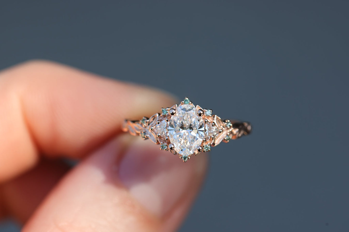 [Oramore Jewelry]Briar Rose Three Stone with .7ct Oval Lab Diamond and Mint Diamond Accents