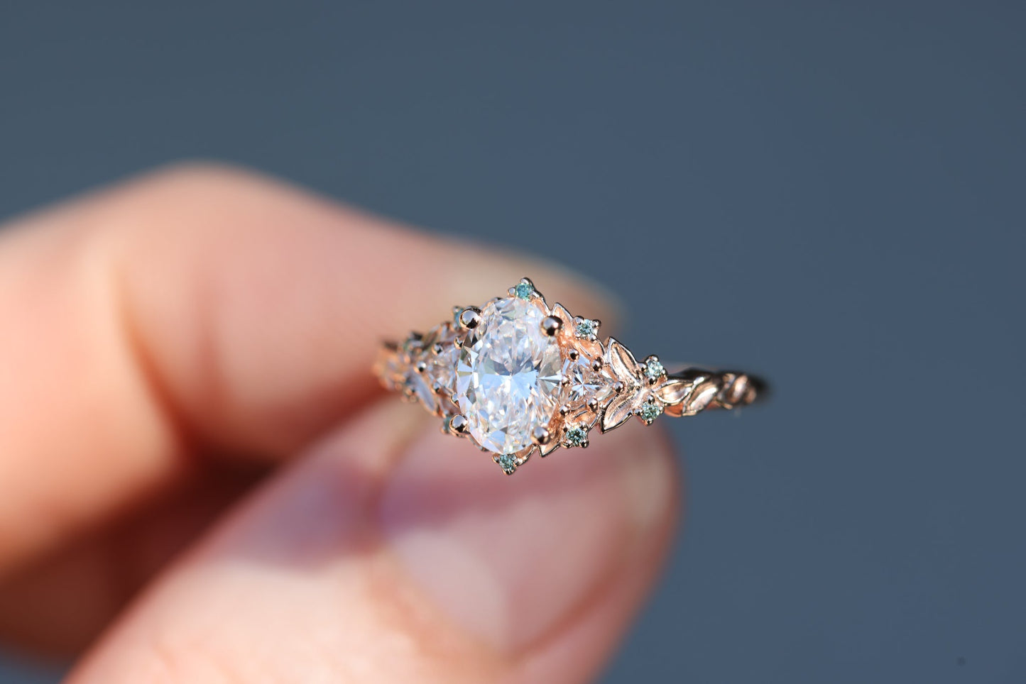 [Oramore Jewelry]Briar Rose Three Stone with .7ct Oval Lab Diamond and Mint Diamond Accents