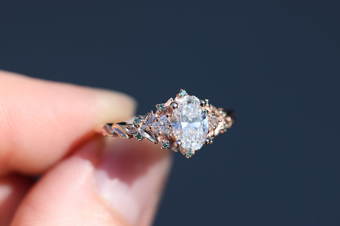[Oramore Jewelry]Briar Rose Three Stone with .7ct Oval Lab Diamond and Mint Diamond Accents