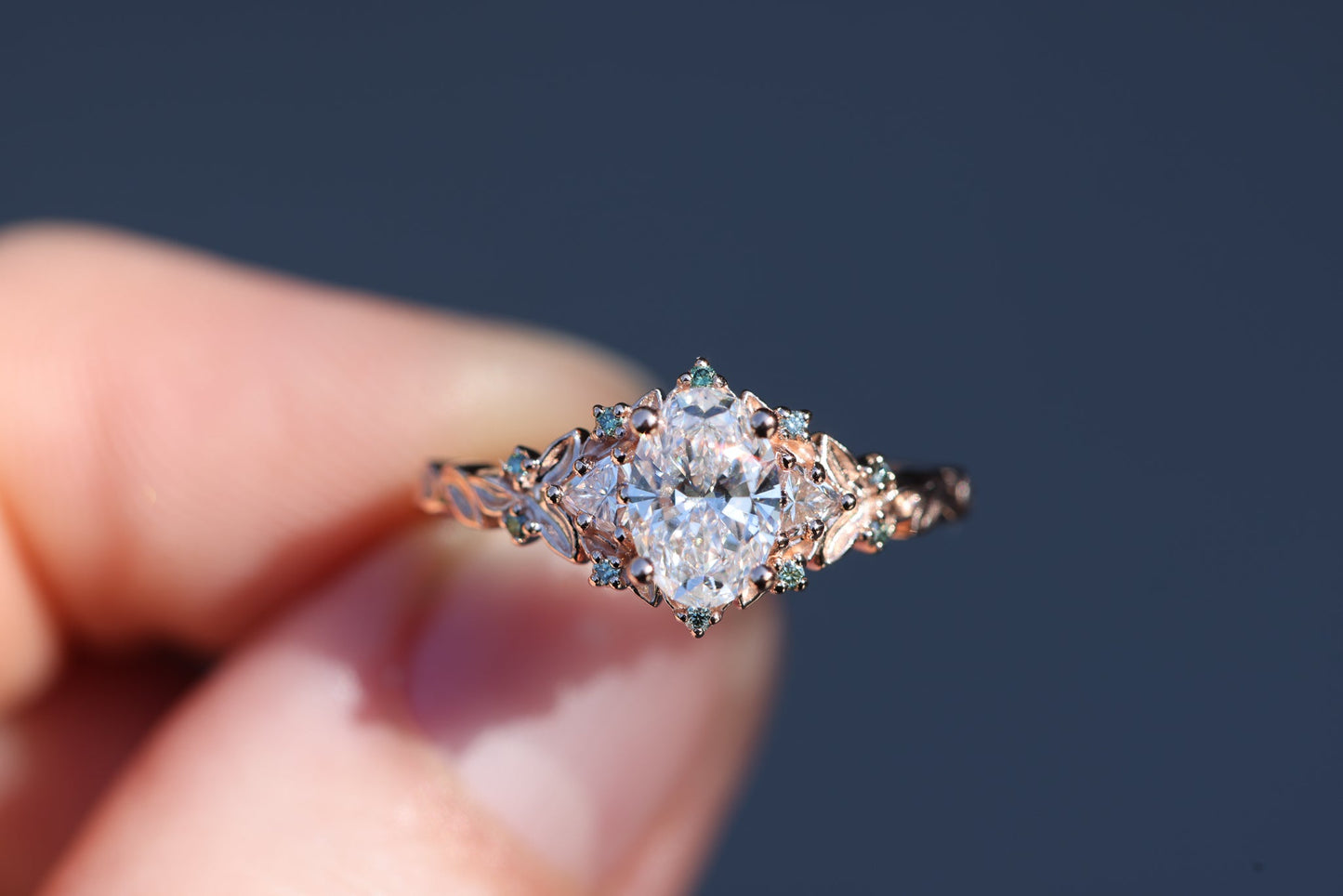 [Oramore Jewelry]Briar Rose Three Stone with .7ct Oval Lab Diamond and Mint Diamond Accents