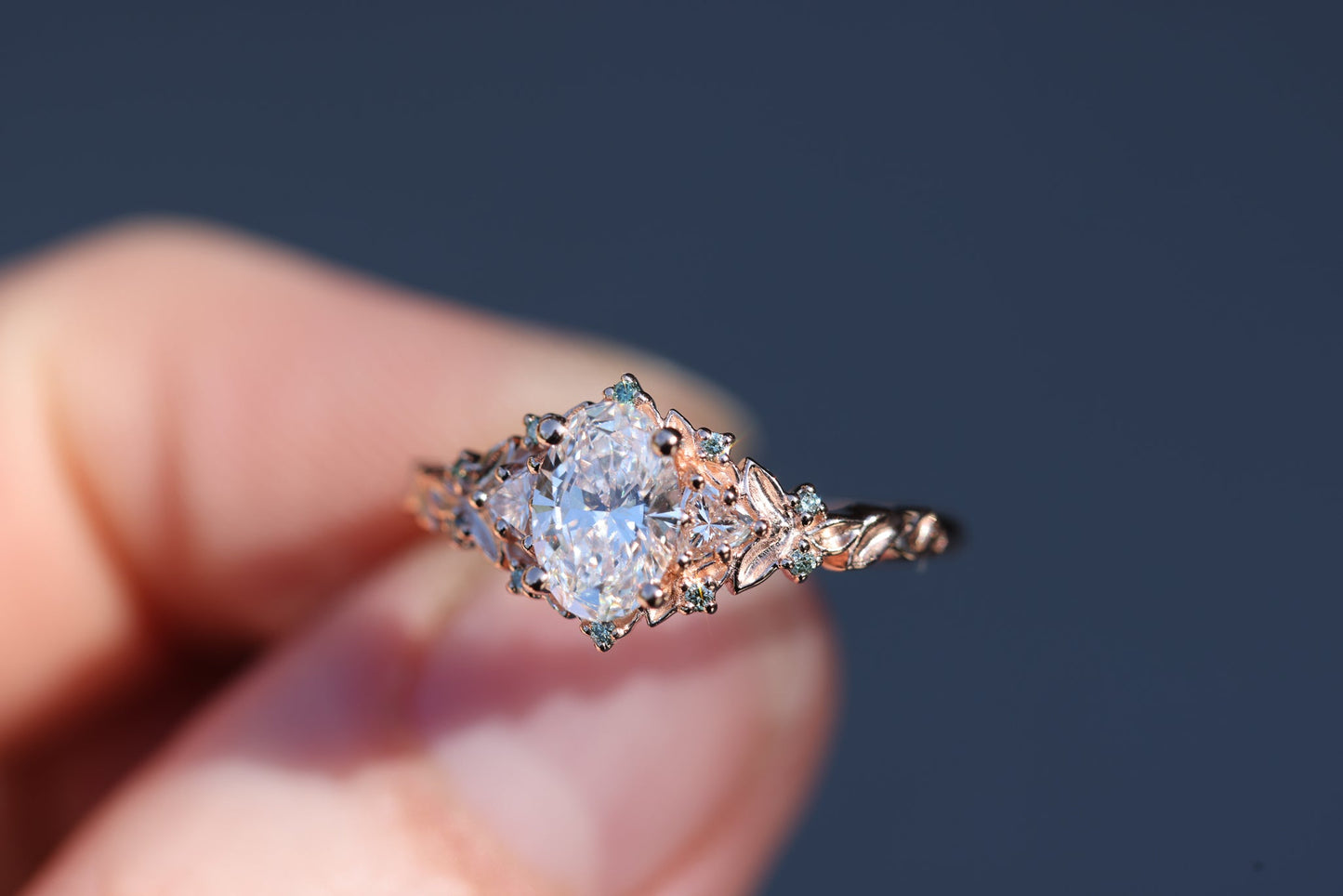 [Oramore Jewelry]Briar Rose Three Stone with .7ct Oval Lab Diamond and Mint Diamond Accents