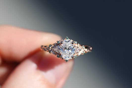 [Oramore Jewelry]Briar Rose Three Stone with .7ct Oval Lab Diamond and Mint Diamond Accents