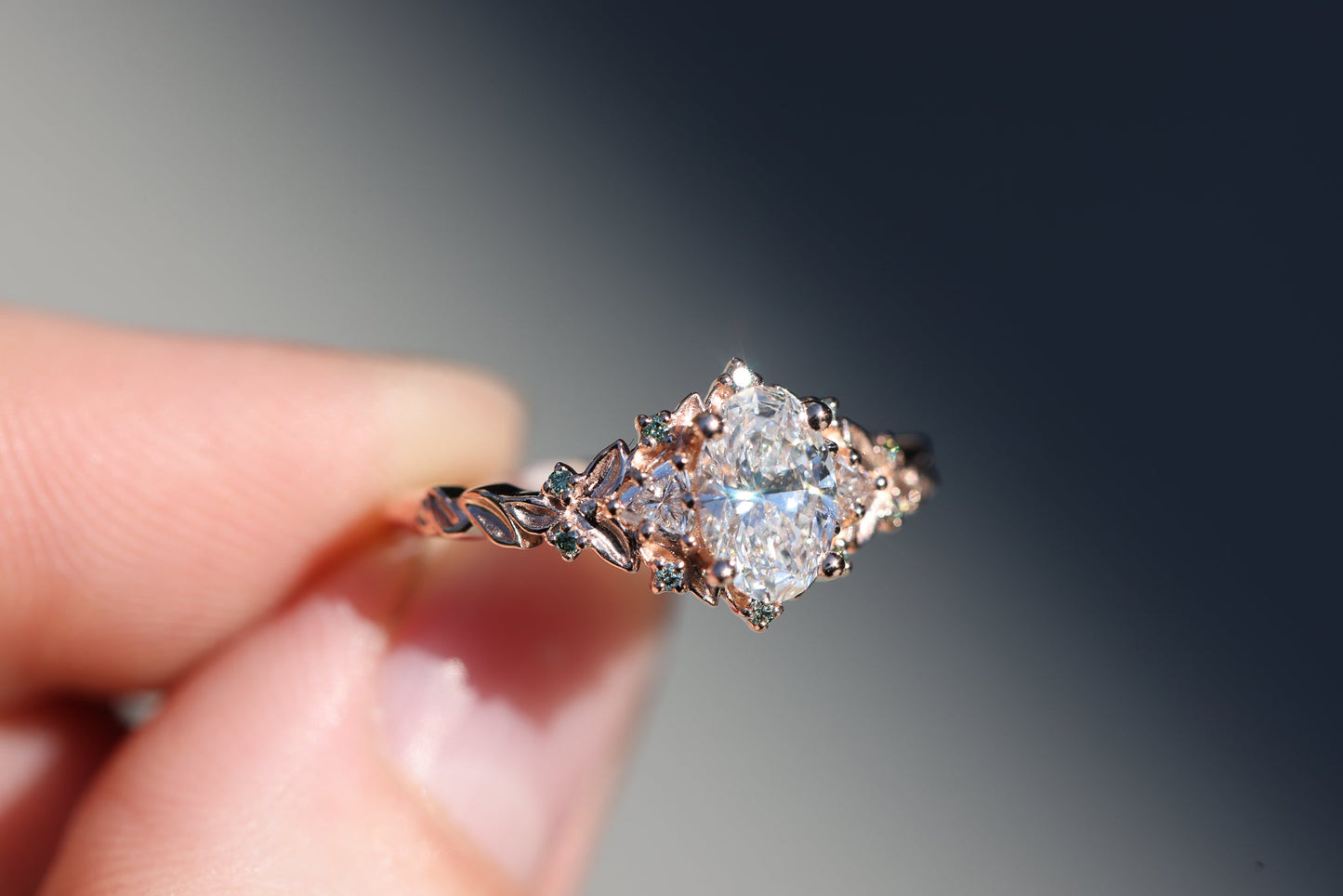 [Oramore Jewelry]Briar Rose Three Stone with .7ct Oval Lab Diamond and Mint Diamond Accents