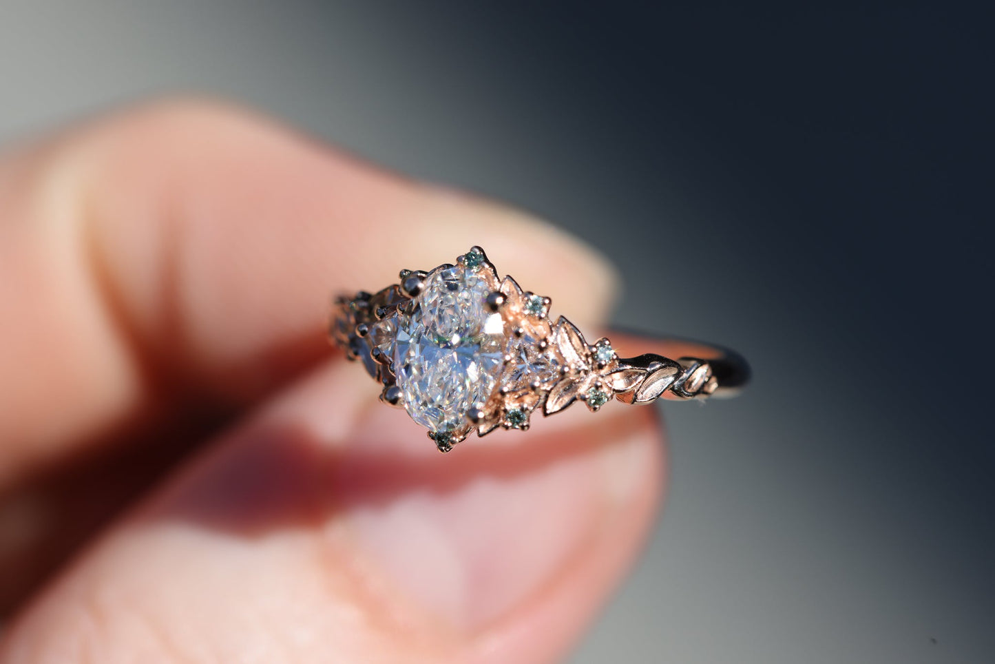[Oramore Jewelry]Briar Rose Three Stone with .7ct Oval Lab Diamond and Mint Diamond Accents