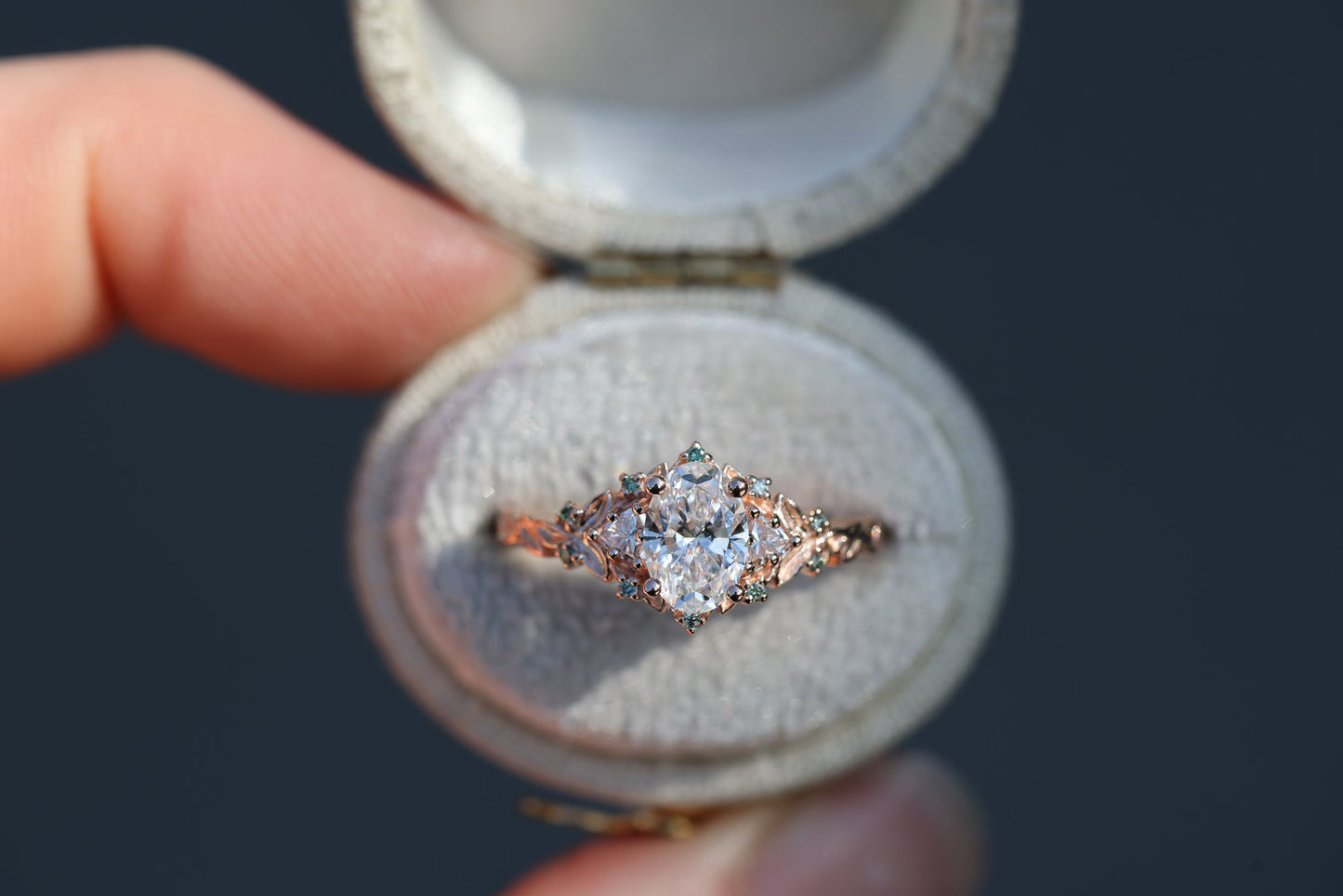 [Oramore Jewelry]Briar Rose Three Stone with .7ct Oval Lab Diamond and Mint Diamond Accents