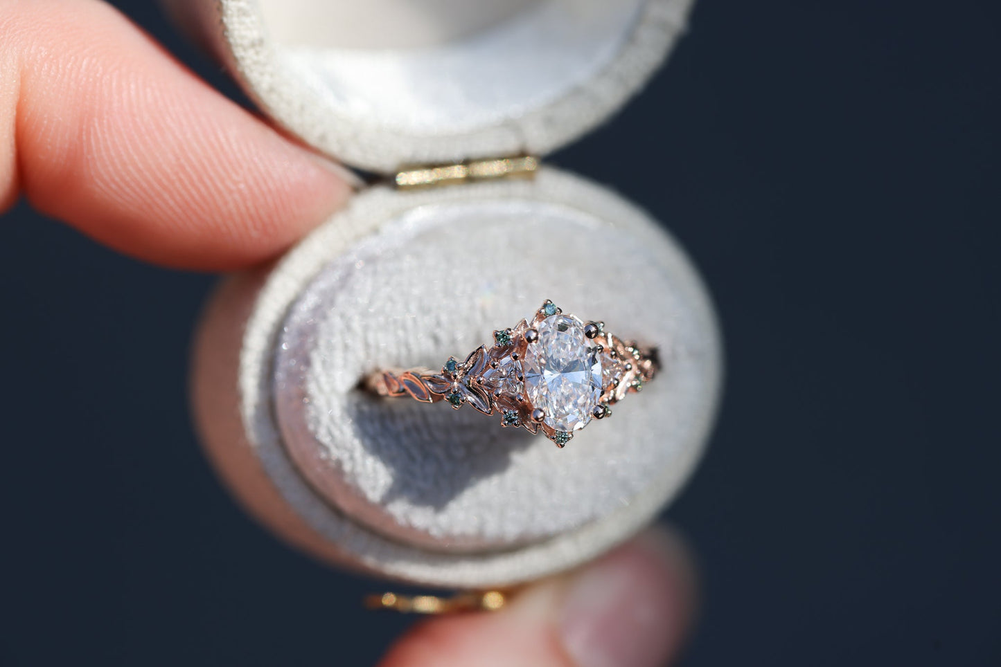 [Oramore Jewelry]Briar Rose Three Stone with .7ct Oval Lab Diamond and Mint Diamond Accents