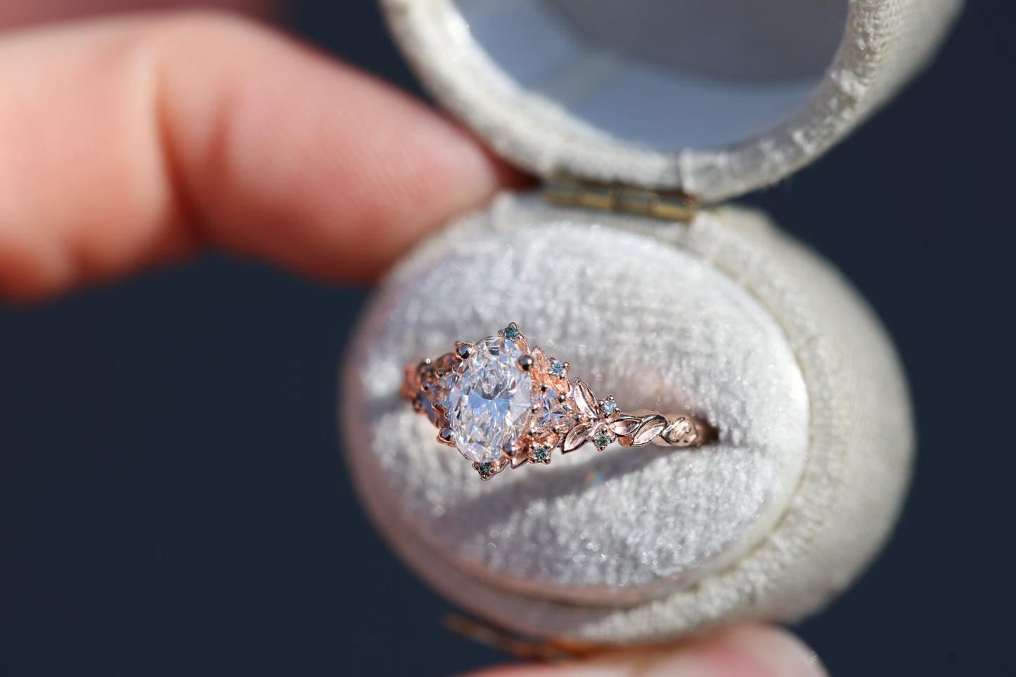 [Oramore Jewelry]Briar Rose Three Stone with .7ct Oval Lab Diamond and Mint Diamond Accents