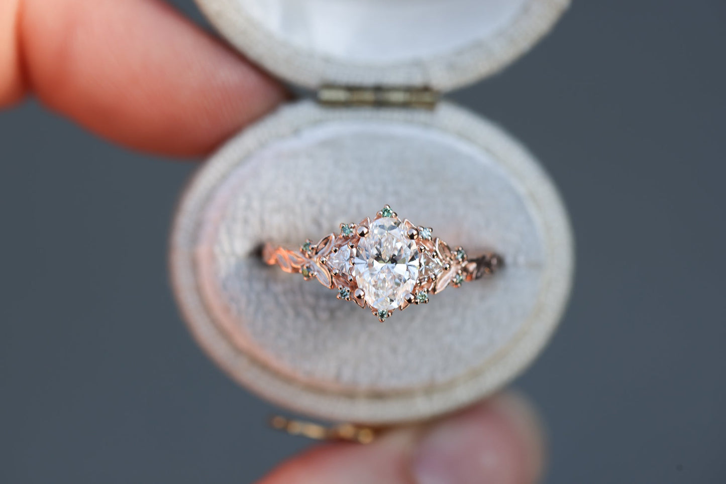 [Oramore Jewelry]Briar Rose Three Stone with .7ct Oval Lab Diamond and Mint Diamond Accents