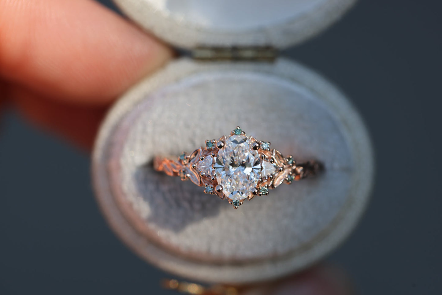 [Oramore Jewelry]Briar Rose Three Stone with .7ct Oval Lab Diamond and Mint Diamond Accents