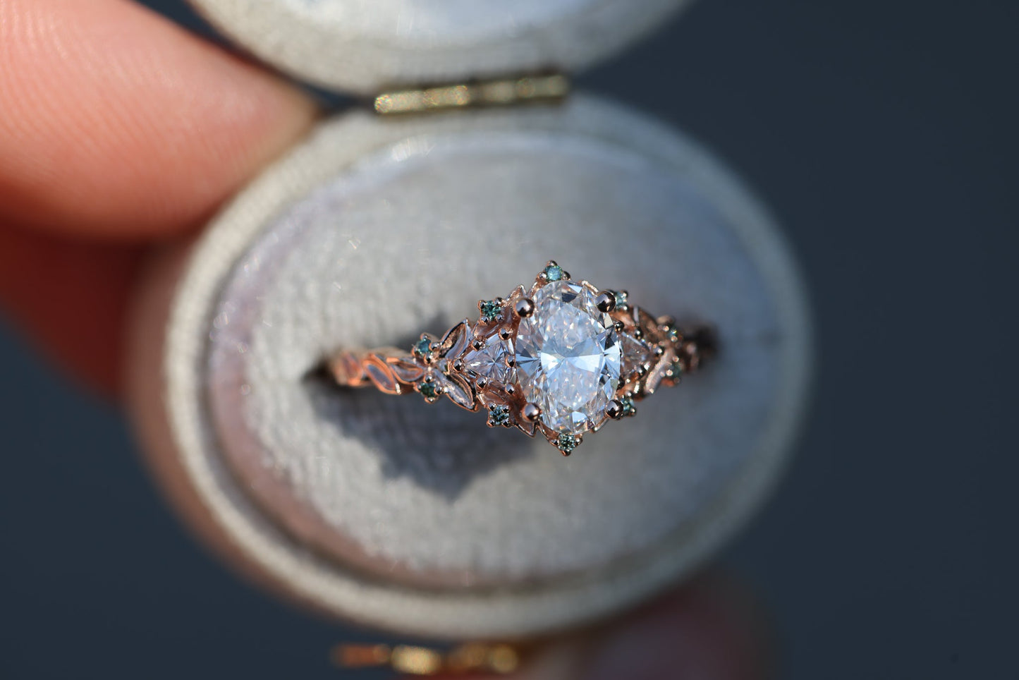 [Oramore Jewelry]Briar Rose Three Stone with .7ct Oval Lab Diamond and Mint Diamond Accents