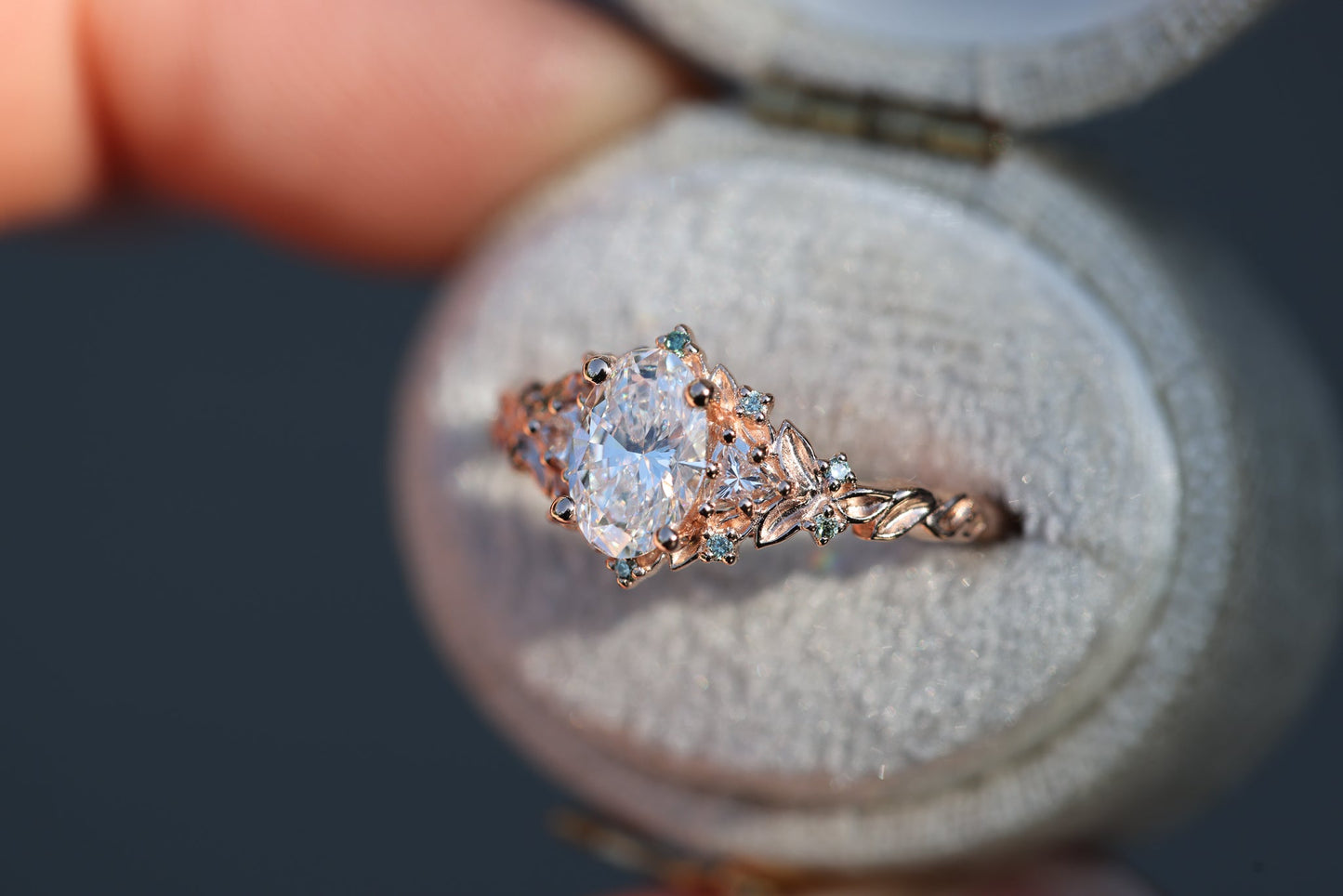 [Oramore Jewelry]Briar Rose Three Stone with .7ct Oval Lab Diamond and Mint Diamond Accents