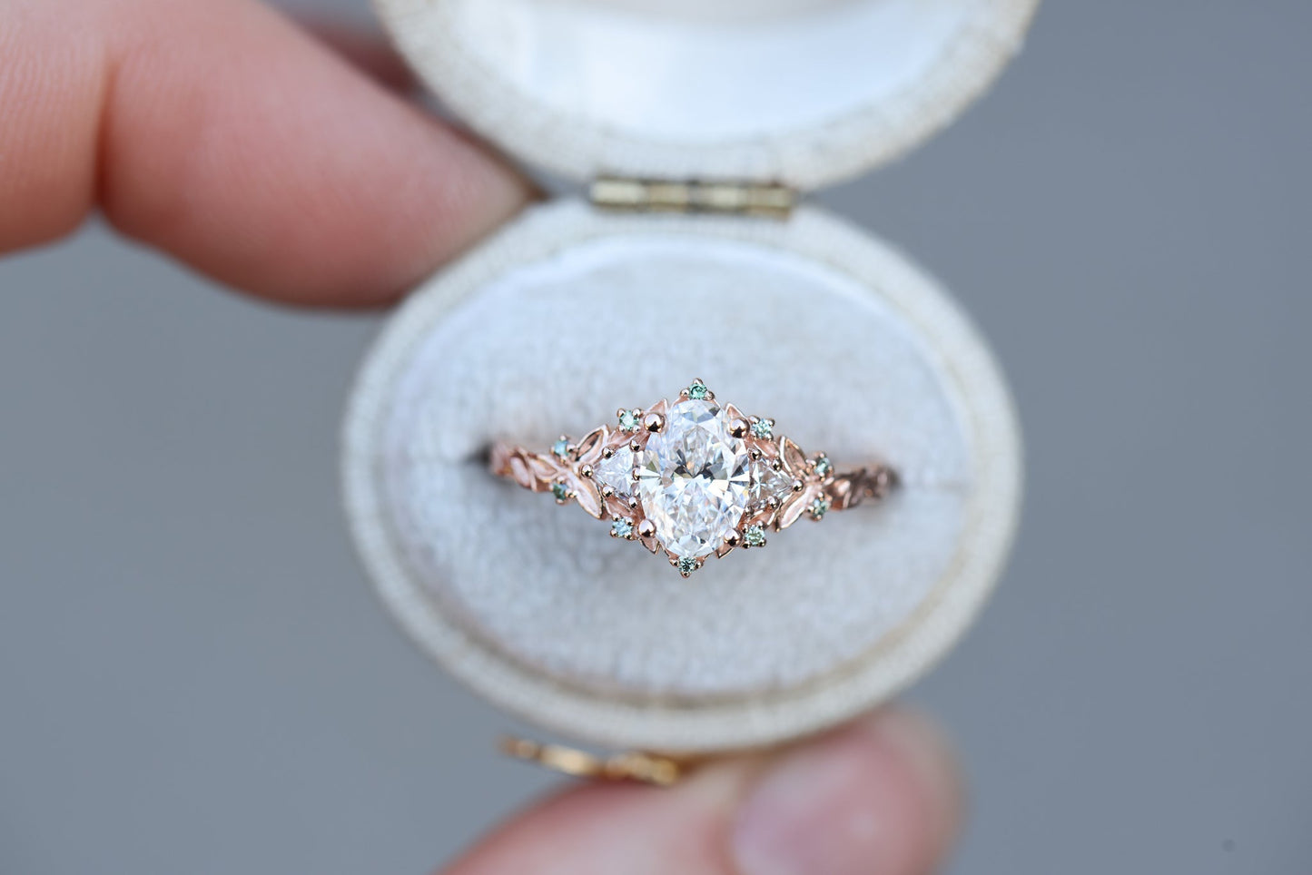 [Oramore Jewelry]Briar Rose Three Stone with .7ct Oval Lab Diamond and Mint Diamond Accents