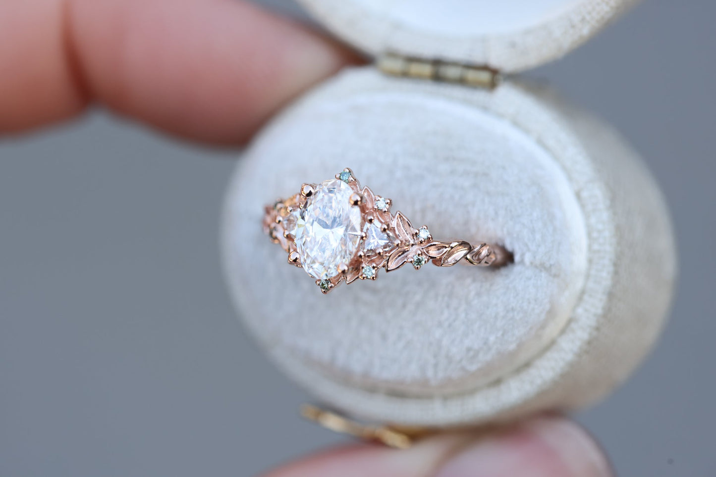 [Oramore Jewelry]Briar Rose Three Stone with .7ct Oval Lab Diamond and Mint Diamond Accents