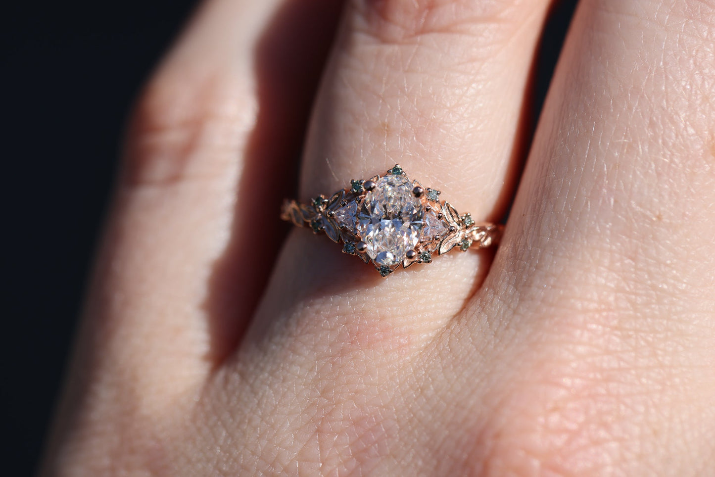 [Oramore Jewelry]Briar Rose Three Stone with .7ct Oval Lab Diamond and Mint Diamond Accents